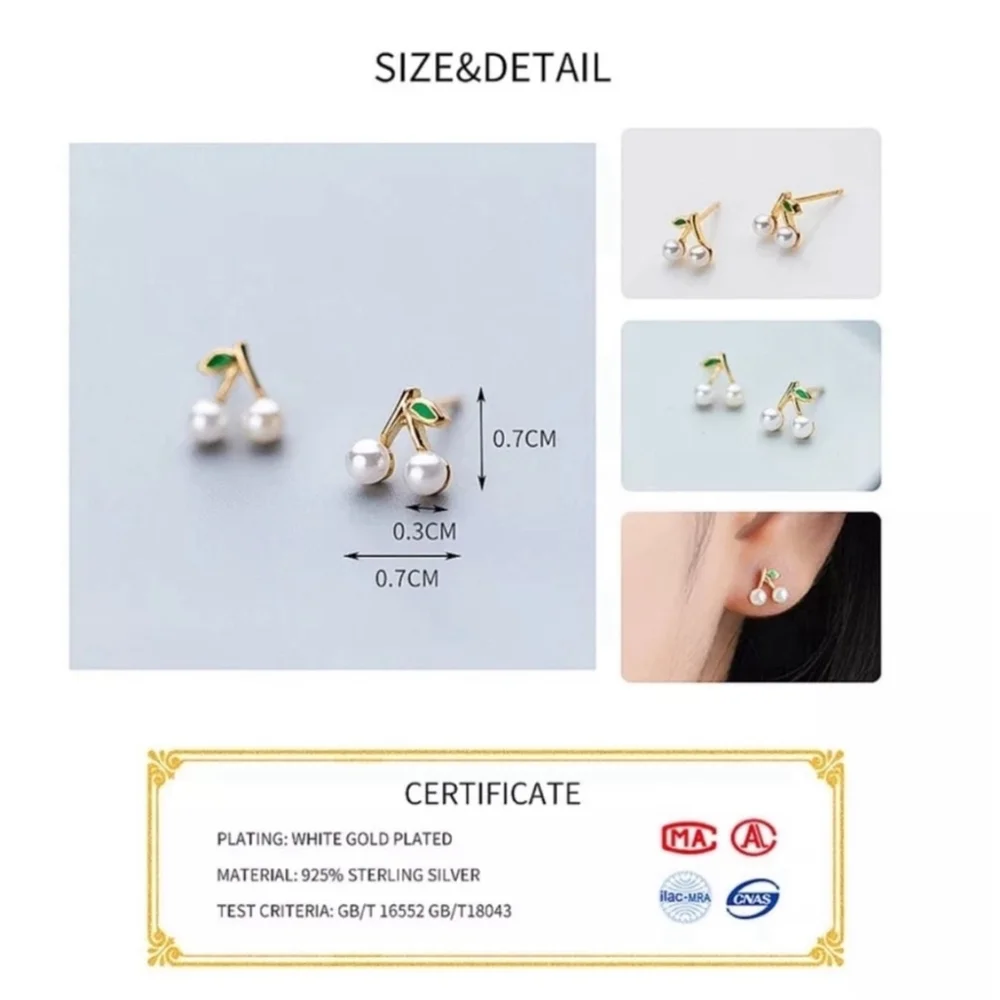 NEW Women's‎ Earrings Gold Plated S925 Dainty Cherries Studs Size 0.7 x 0.3 cm